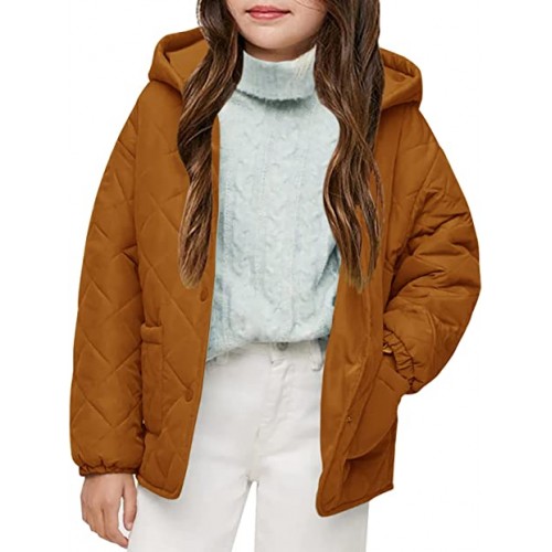 Orange Girls Button Down Quilted Coat Kids Hooded Puffer Jacket Windbreaker with Pockets Orange Girls Button Down Quilted Coat Kids Hooded Puffer Jacket Windbreaker with Pockets