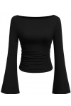 PRETTYGARDEN Women's Long Sleeve Shirts Fall Going Out Tops Casual Boat Neck Bell Sleeve Ribbed Ruched Knit Blouse